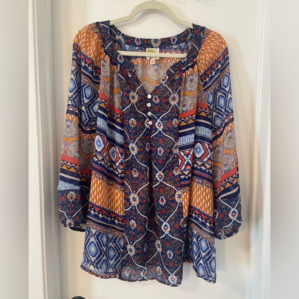 Fig & Flower 2X patchwork floral paisley semi sheer balloon sleeve flowy blouse